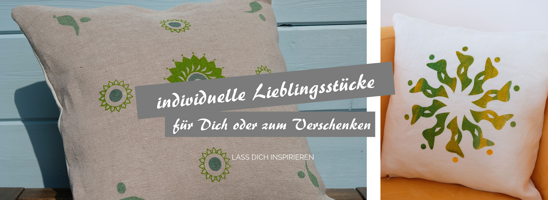 Zwei dekorative Kissen mit grünen Mustern, links: Sonnenblumenmotiv, rechts: sternförmiges Design