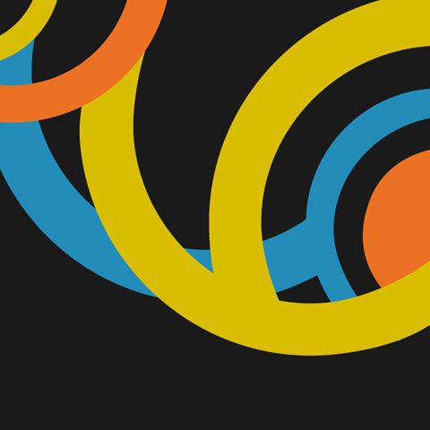 Abstrakte Komposition mit geschwungenen Linien in Gelb, Orange und Blau auf schwarzem Hintergrund